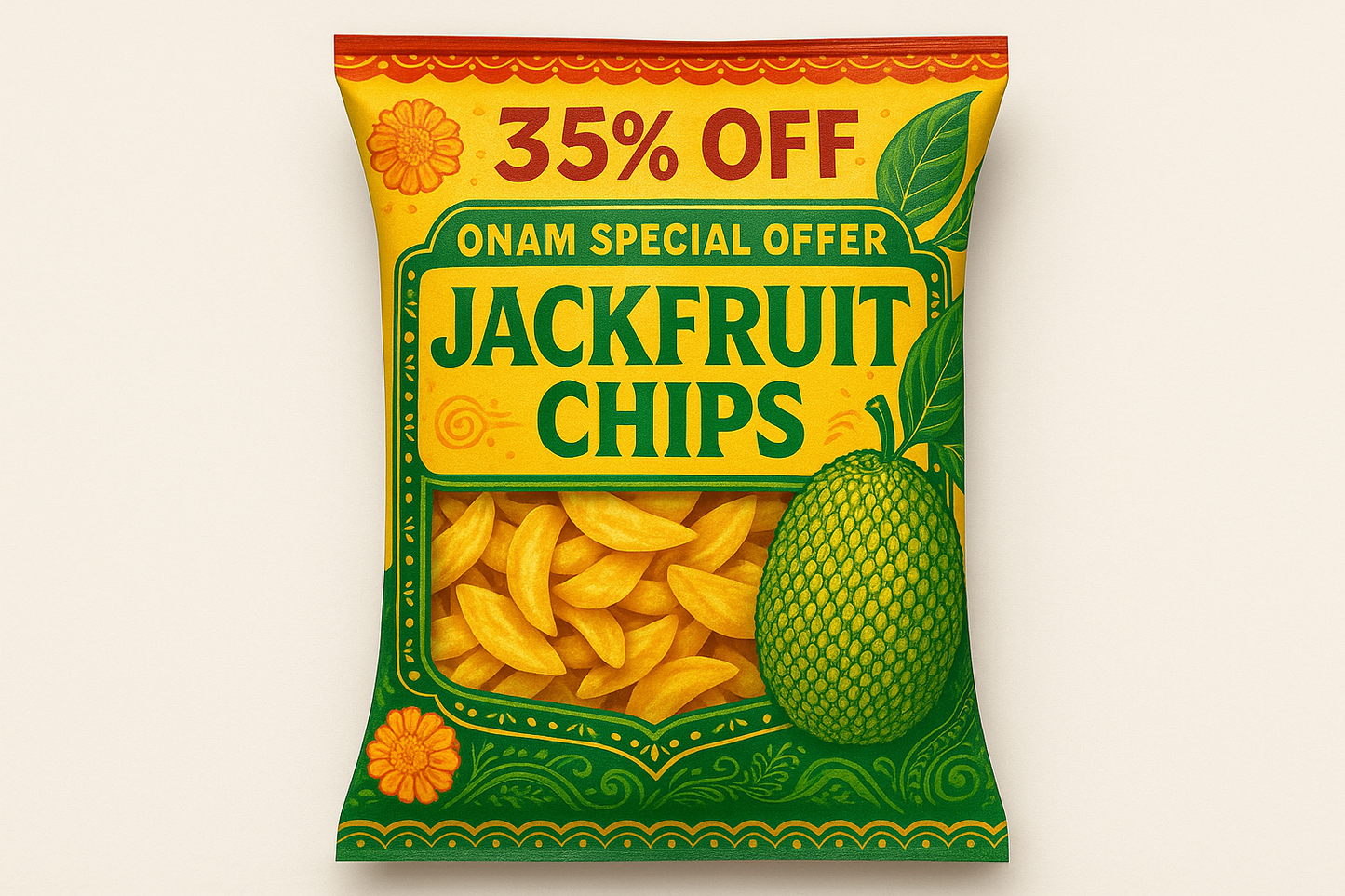 generate an image of jackfruit chips packet ,with a text of 35% off , onam offer sometng lke that