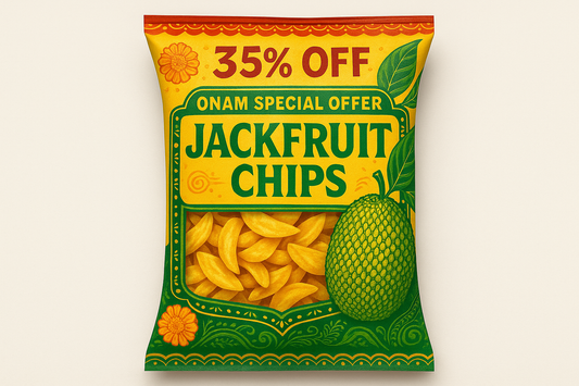 generate an image of jackfruit chips packet ,with a text of 35% off , onam offer sometng lke that 